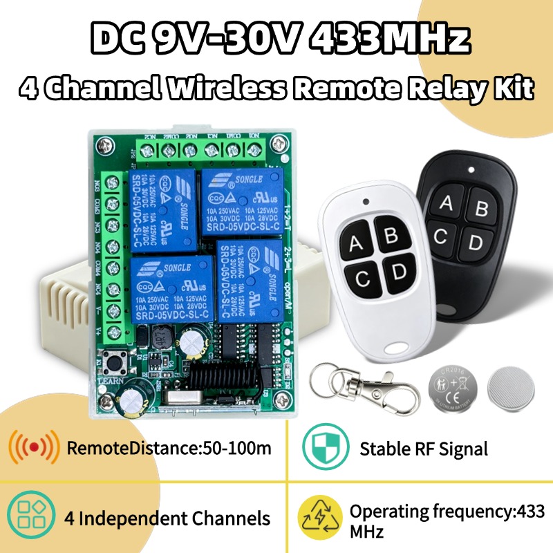 Relay Module 4 Channel - 433MHzユニバーサルワイヤレスリモコン DC 12V 4CHリレー受信モジュール RFスイッチ 4ボタンリモコン